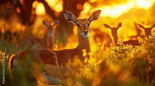 Beautiful impalas in the grass with evening sun  hidden portrait in vegetation. Animal in the wild nature . Sunset in Africa wildlife. Animal in the habitat  face portrait