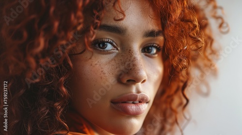 Portrait of beautiful curly ginger hair young dark skin woman with freckles on the face