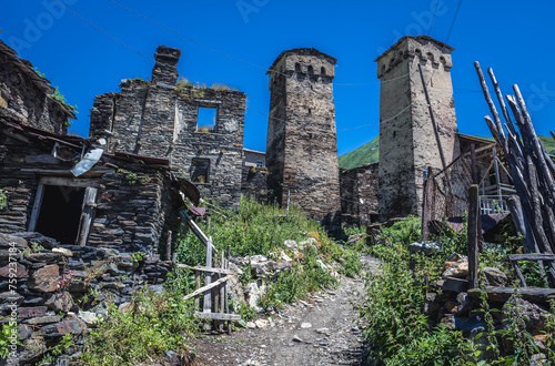 Characteristic Svan towers in Zhibiani, one of villages of Ushguli community in Svanetia region, Georgia photo