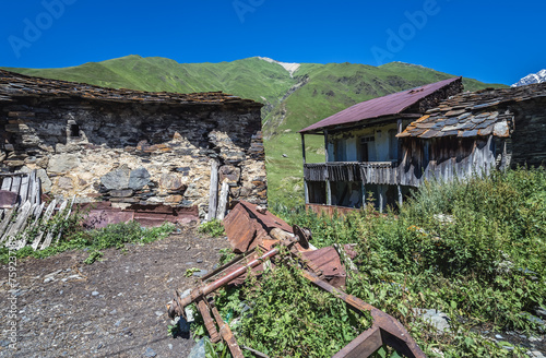 Houses Zhibiani, one of villages of Ushguli community in Svanetia region, Georgia