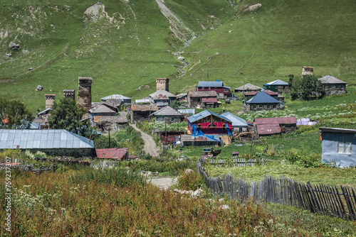 View on Zhibiani, one of villages of Ushguli community in Svanetia region, Georgia photo