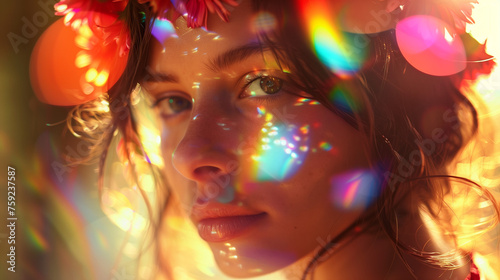 close portrait of a woman in prisma rainbow light
