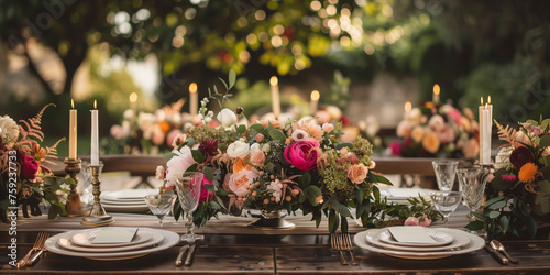 Classic vintage style outdoor garden wedding decoration dinner table with natural materials and flowers and candles
