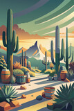 Vibrant flat illustration of a desert scene at sunset, with cacti and mountain backdrop. Festive poster, mexican background, Mexico backdrop for festival Cinco de mayo
