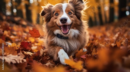 Playful canine enjoying the vibrant autumn foliage. Prepping your pup for fall adventures. Fall pet care tips. Preparing for autumn walks and festivities. photo