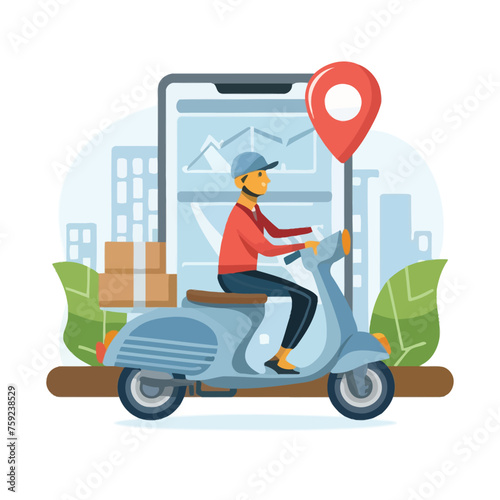 2d vector illustration A courier wearing a shirt is delivering a package mobile with location gps
