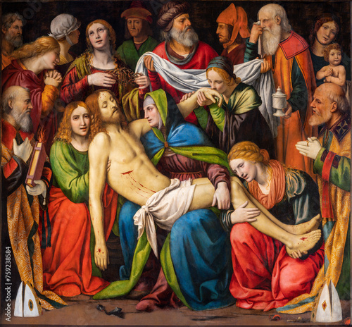 MILAN, ITALY - MARCH 7, 2024: The renaissance painting of Deposition of Christ - Cappella della Passione in San Giorgio in Palazo church by Bernardino Luini (1516).