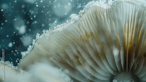 Close-up on the gills of a mushroom, with spores gently falling like snowflakes