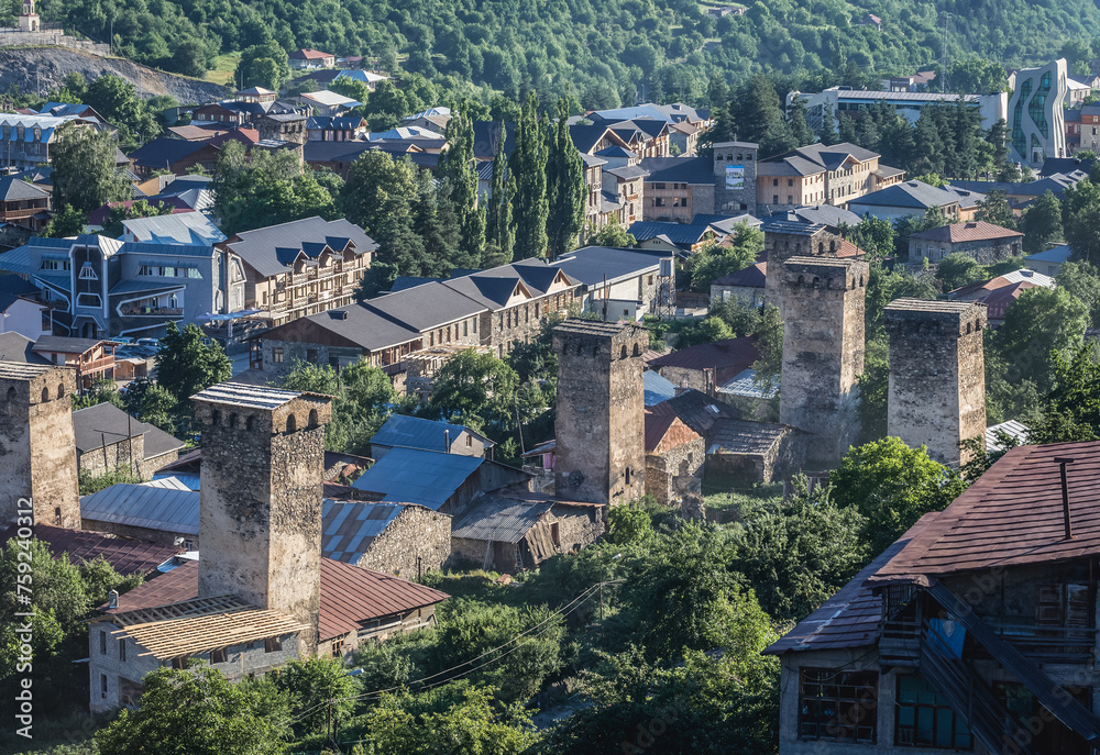 Aerial view of Mestia town, Svanetia region, with historic Svan towers, Georgia