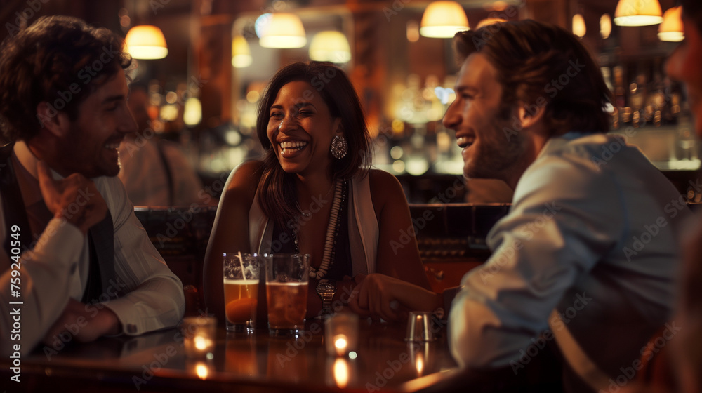 A group of stylish professionals enjoys a laughter-filled happy hour at a posh bar, radiating camaraderie in an ambiance of warm light and subtle jazz.