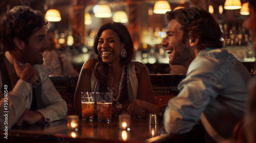 A group of stylish professionals enjoys a laughter-filled happy hour at a posh bar  radiating camaraderie in an ambiance of warm light and subtle jazz.