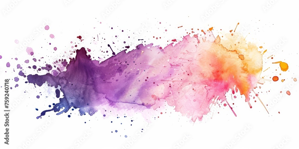 Warm gradient watercolor splash transitioning from orange to purple, resembling a sunset, against a pristine white background.