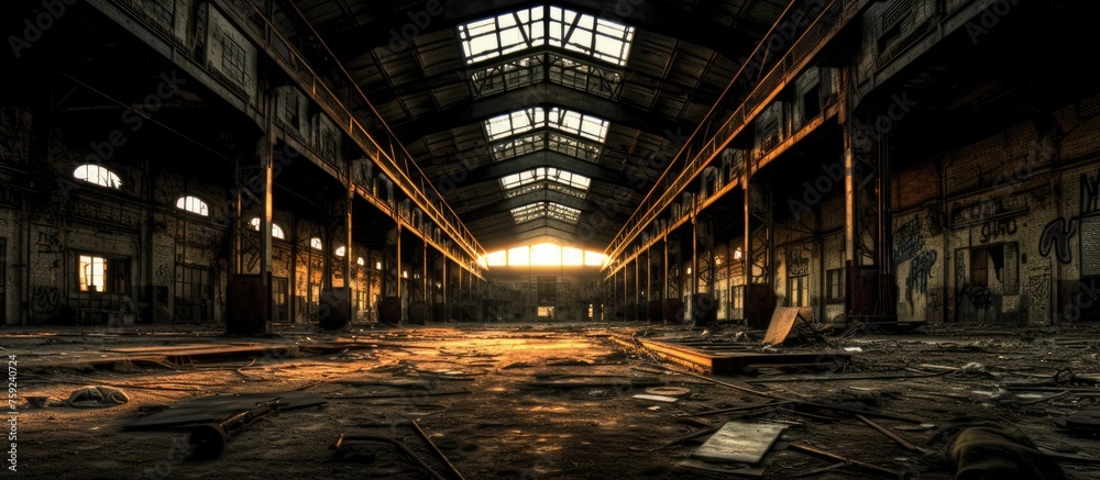 Abandoned industrial complex warehouse in high dynamic range image.