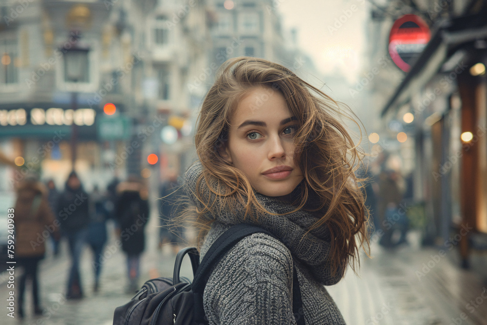 Young woman with flowing hair on an urban street