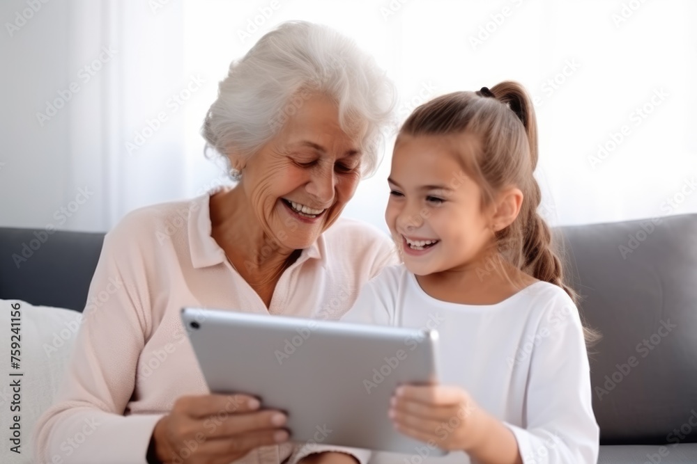 Smiling elderly woman with young girl sharing a digital tablet moment on a comfortable sofa at home. Grandmother and Granddaughter Enjoying Tablet Smiling elderly woman with young girl sharing a digital tablet moment on a comfortable sofa at home. Grandmother and Granddaughter Enjoying Tablet