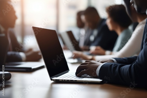 Businesspeople engaged in a conference room meeting, working on their laptops with visible teamwork. Corporate Professionals in a Meeting with Laptops