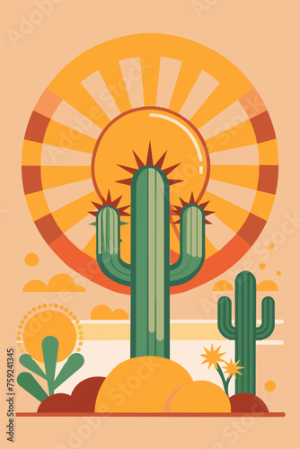 Stylized flat vector desert landscape with cacti, mountains, and a colorful sunset sky. Festive poster, mexican background, Mexico backdrop for festival Cinco de mayo