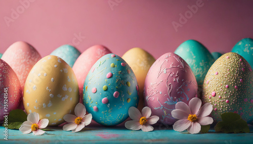 Easter Celebration: Vibrant Eggs & Decorations on Pink Backdrop, Easter Eggs with Decorations on a Pink Background, Colorful Easter Eggs & Decorations on Pink