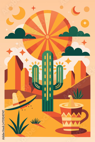 Stylized flat vector desert landscape with cacti, mountains, and a colorful sunset sky. Festive poster, mexican background, Mexico backdrop for festival Cinco de mayo
