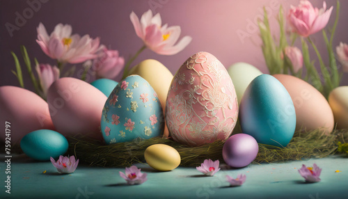 Easter Celebration: Vibrant Eggs & Decorations on Pink Backdrop, Easter Eggs with Decorations on a Pink Background, Colorful Easter Eggs & Decorations on Pink