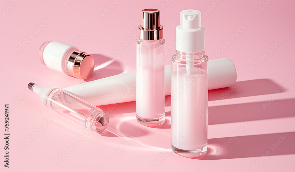 a collection of skincare and cosmetic bottles showcased against a pink background, illustrating the beauty concept. a collection of skincare and cosmetic bottles showcased against a pink background, illustrating the beauty concept.