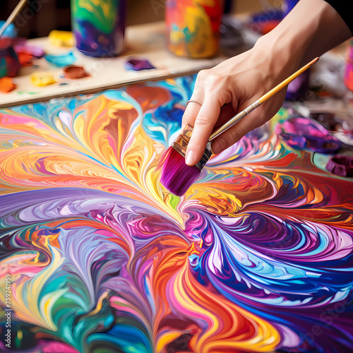 A close-up of a painter creating a vibrant canvas. 