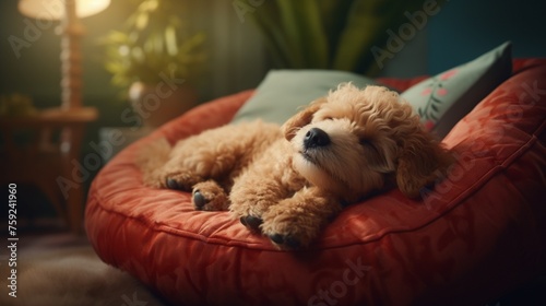 The serene and adorable sight of a content dog enjoying the comfort of a velvety cushion, capturing the essence of relaxation.