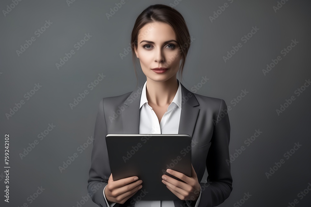 portrait of beautiful brown eyes and confident businesswoman in suit holding tablet on gray background with blank space portrait of beautiful brown eyes and confident businesswoman in suit holding tablet on gray background with blank space