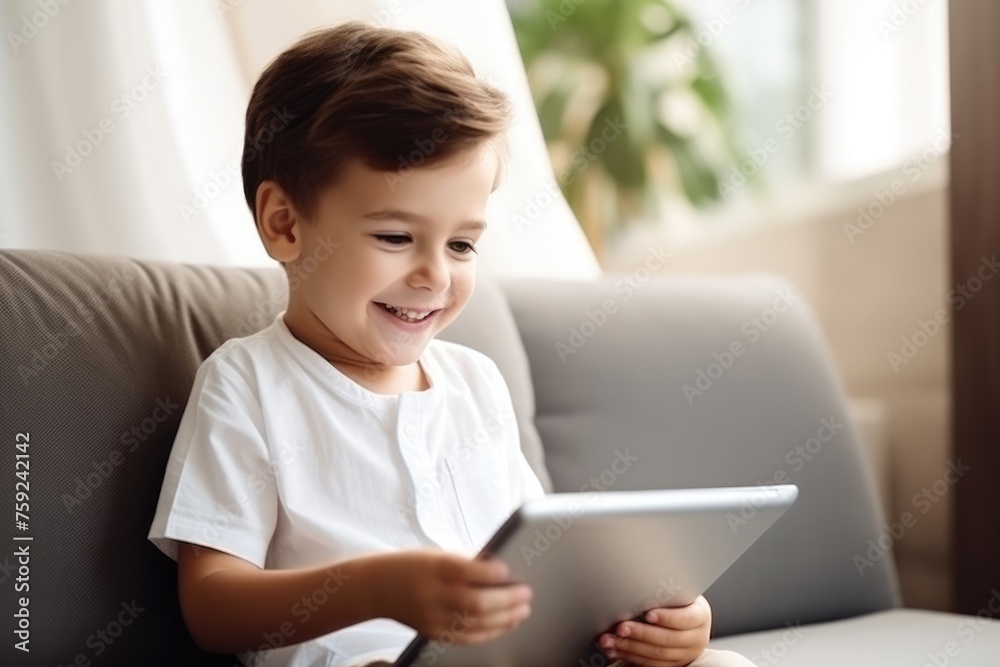 Joyful young boy sitting comfortably at home, engaging with a tablet and smiling. Young Boy with Tablet Smiling at Home Joyful young boy sitting comfortably at home, engaging with a tablet and smiling. Young Boy with Tablet Smiling at Home