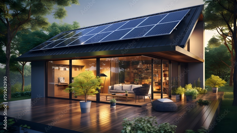 House with solar panels on the roof. Sustainable and clean energy at home. - obrazy, fototapety, plakaty 