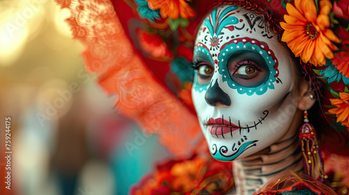 Day of the Dead skeleton dancers wearing colorful clothes, flowers, and makeup 