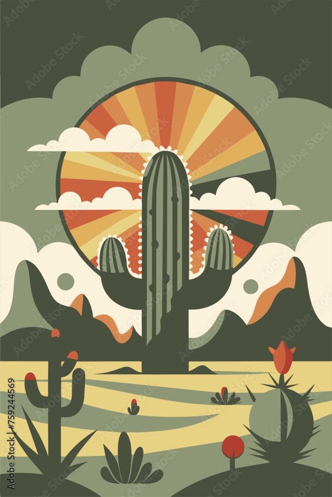 Vibrant digital illustration of a tranquil desert sunset with cacti and mountains in a minimalist flat design landscape, showcasing the arid and peaceful nature of the southwestern environment Vibrant digital illustration of a tranquil desert sunset with cacti and mountains in a minimalist flat design landscape, showcasing the arid and peaceful nature of the southwestern environment