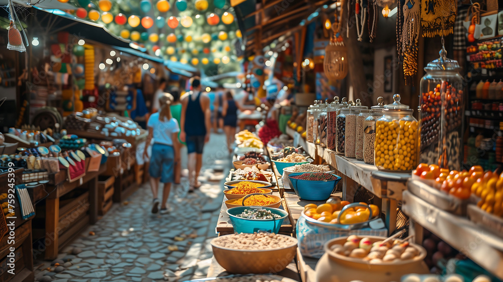Colorful Marketplace with Spice and Fruit Stalls