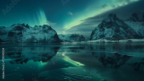 Aurora borealis on the Lofoten islands  Norway. Green northern lights above mountains. Night sky with polar lights. Night winter landscape with aurora and reflection on the water surface. Natural back
