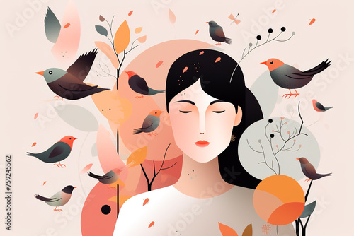 Portrait of beautiful woman with closed eyes surrounded by birds. Concept of closeness to nature
