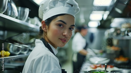 Female chef in professional restaurant kitchen. Candid portrait with a commercial kitchen backdrop