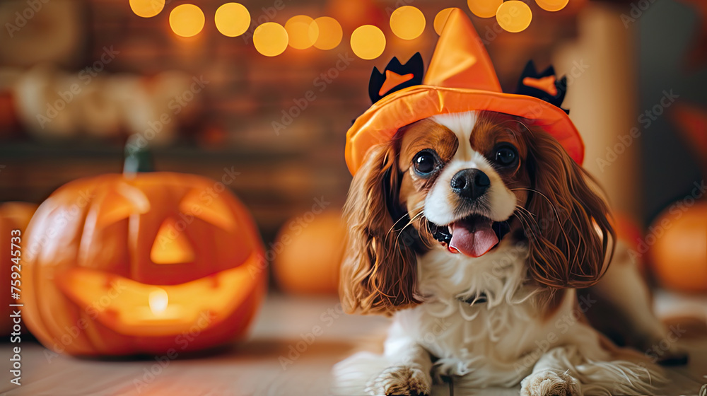 cute dog looking at viewer while dressed in Halloween costume in a festive fall setting with jack-o-lantern pumpkins 