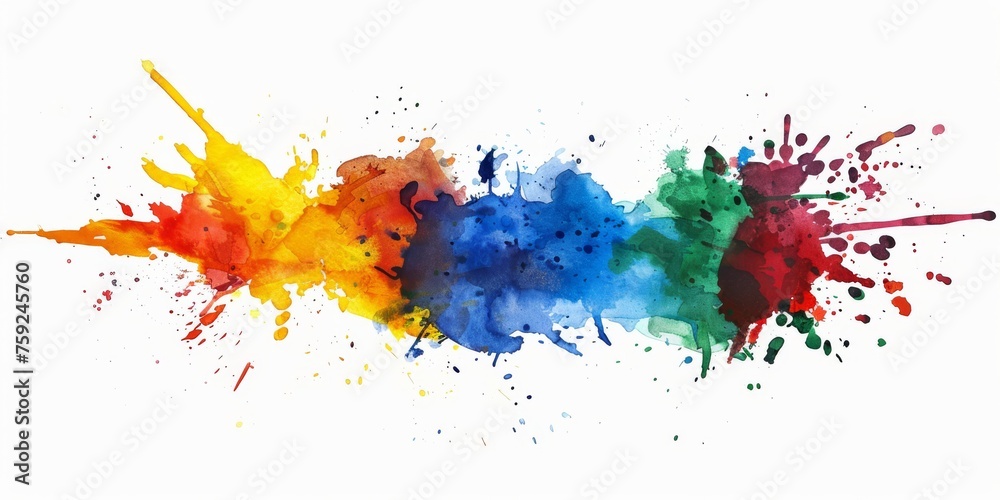 Explosive spectrum of watercolor splatters in primary colors against a pristine white background, symbolizing artistic freedom and creativity.