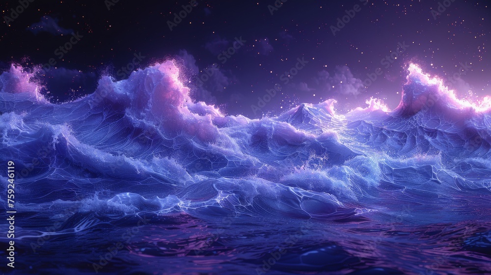 Dreamy seascape with beautiful waves and foam. Starry night, neon foam on water waves, reflection in water of the starry sky. 3D render. - obrazy, fototapety, plakaty 