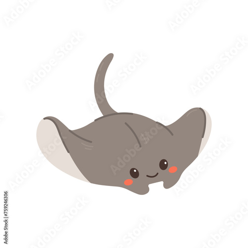 Cute stingray, sea animal. Undersea baby character with funny happy smiling face. Marine underwater ray fish. Kids  flat vector illustration isolated on white background. 