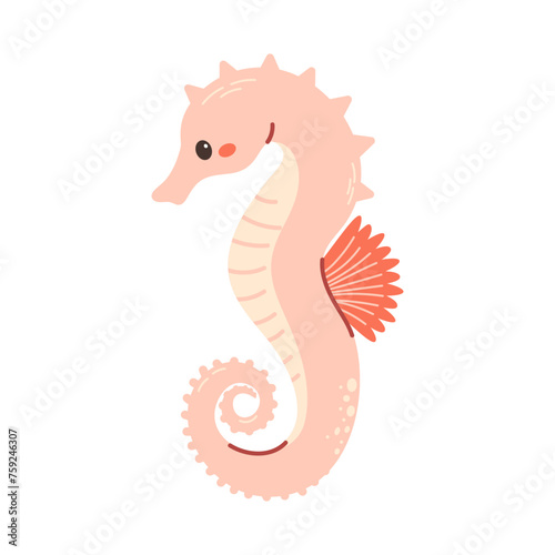 Cute pink sea horse, sea animal. Undersea baby character with funny happy smiling face. Marine underwater animals. Kids  flat vector illustration isolated on white background. 