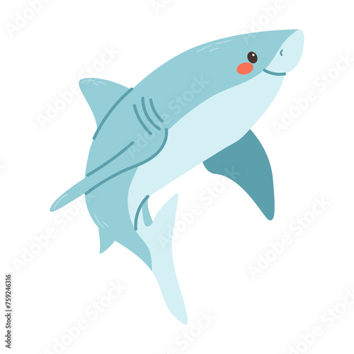 Cute shark, sea animal. Undersea baby character with funny happy smiling face. Marine underwater animals. Kids  flat vector illustration isolated on white background. 