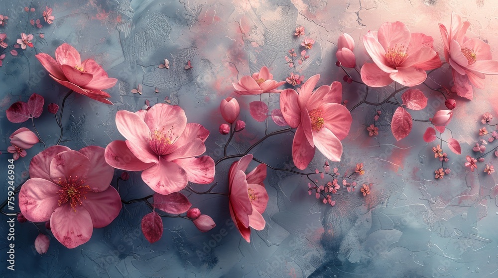 A watercolor style flower design drawn on a textured background. The wallpaper fits well into rooms and interiors.