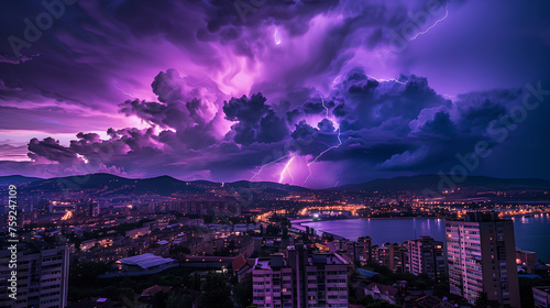 Lightning storm over city in purple light photo