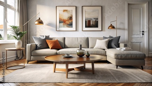 Stylish Decor, Light Gray Sectional, Circular Wood Coffee Table, Abstract Wall Artwork, generative ai