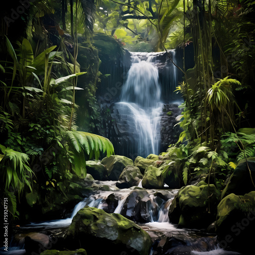 A dynamic waterfall in a lush rainforest.
