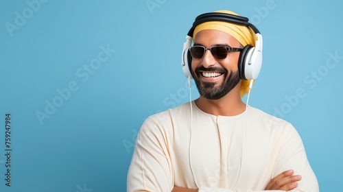 smiling arabian man with arms crossed, one color background , copy space - generative ai © Nia™