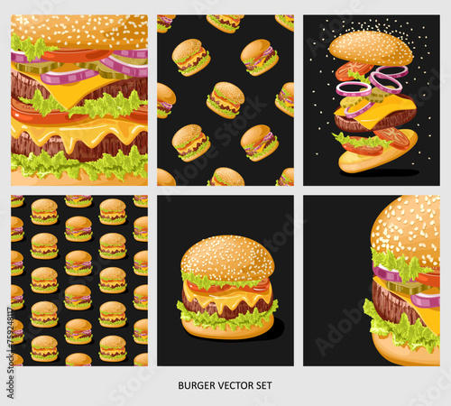 Set of food cards. Burger with meat, cheese, sauce and vegetables, tomato, onion and cucumber.  Cheeseburger  seamless pattern. Texture of burgers for fabric, wrapping, wallpaper. Decorative print
