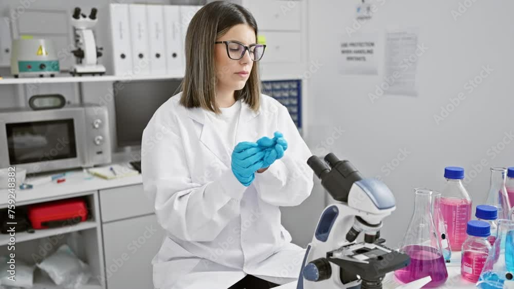Young hispanic woman scientist analyzing samples in laboratory, with microscope and chemicals Young hispanic woman scientist analyzing samples in laboratory, with microscope and chemicals