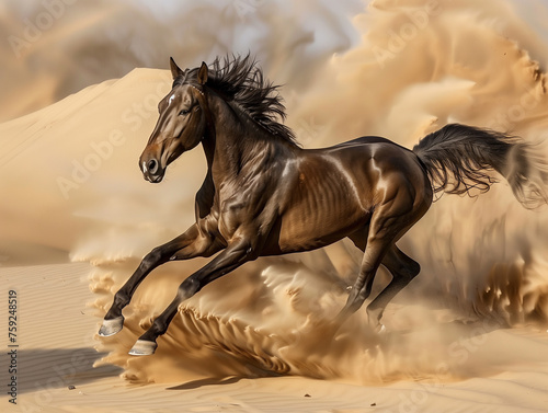 Running bay horse in the desert 
